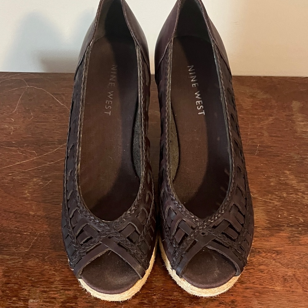 Nine West Dark Brown Woven Peep Toe Heels